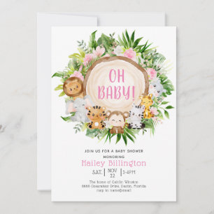 Invitation Oh Baby Pink Safari Jungle Baby shower d'aquarelle