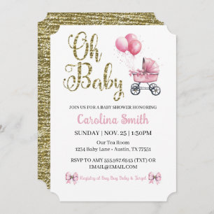 Invitation Oh Baby Pink Stroller Gold Parties scintillant Bab