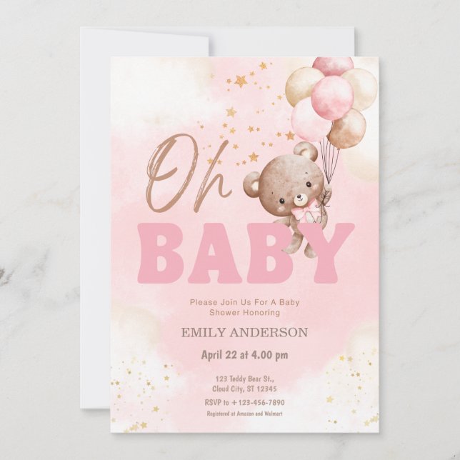 Invitation Oh Baby Pink Teddy Bear Balloons Girl Baby Shower  (Devant)