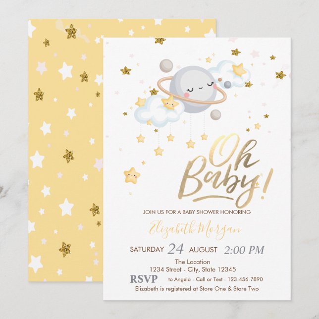Invitation Oh Baby Planet Nuages Étoiles Baby shower (Devant / Derrière)