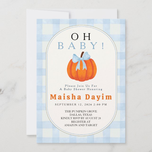 Invitation Oh Baby Pumpkin Blue Gingham Baby Shower  (Devant)
