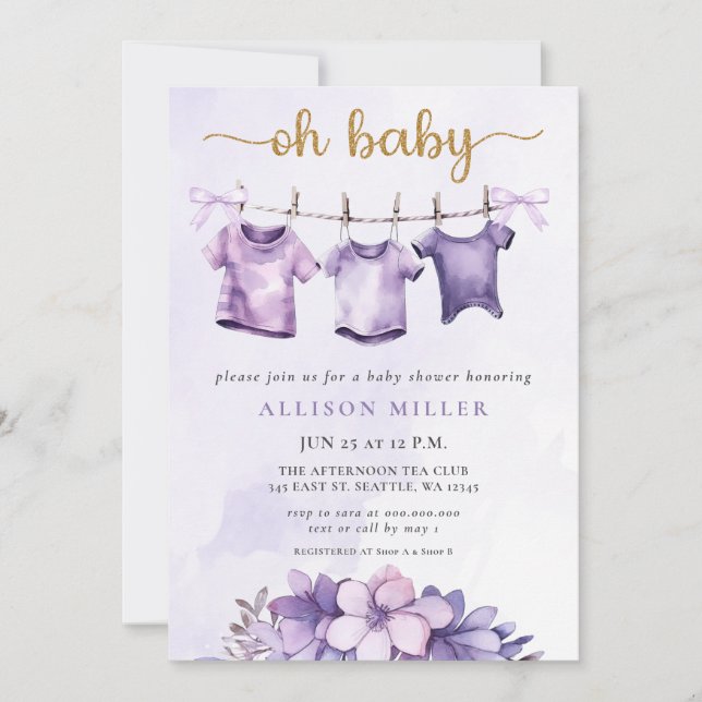 Invitation Oh Baby Purple Baby Clothesline Girl Baby shower (Devant)