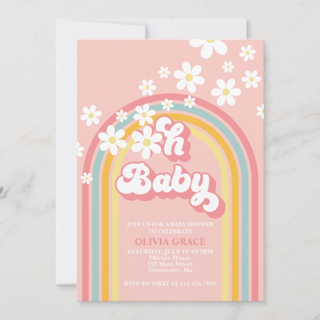 Invitation Oh Baby Retro Rainbow Daisy Baby shower (Devant)