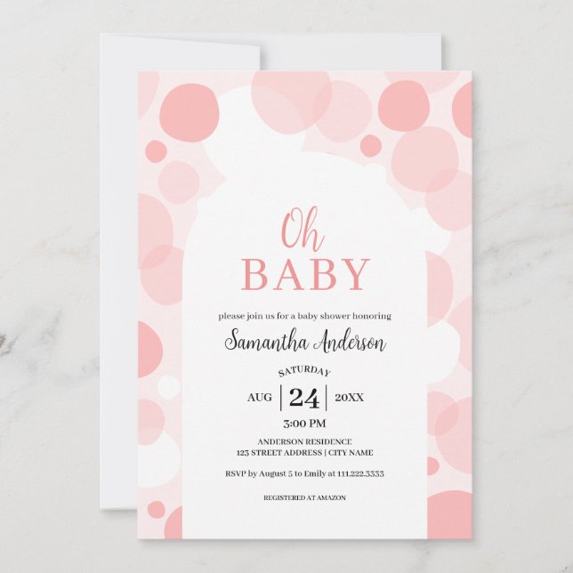 Invitation Oh Baby rose arche Pois Baby shower fille (Devant)