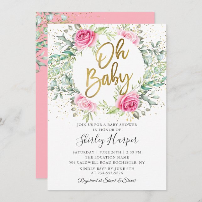 Invitation Oh Baby rose Floral Baby shower de Parties scintil (Devant / Derrière)