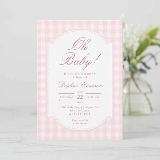 Invitation Oh Baby Rose Gingham Baby Shower (Debout devant)