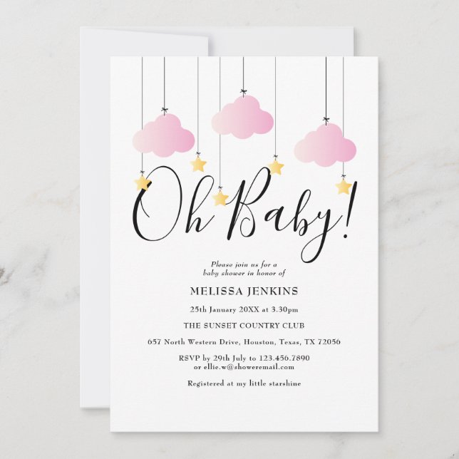 Invitation Oh Baby Rose Scintillant Scintillant Baby Shower P (Devant)