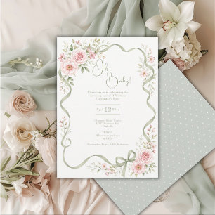 Invitation Oh Baby Ruban Floral Sage Cadre Baby Shower