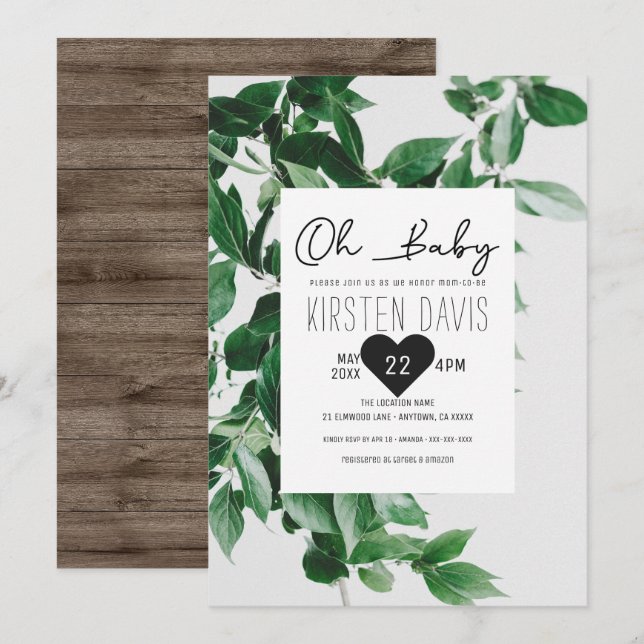 Invitation Oh Baby Rustic Country Wood Baby shower de verdure (Devant / Derrière)