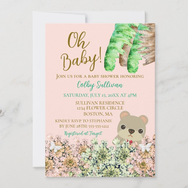 Invitation Oh Baby Rustic Greenery Teddy Bear Baby shower (Devant)