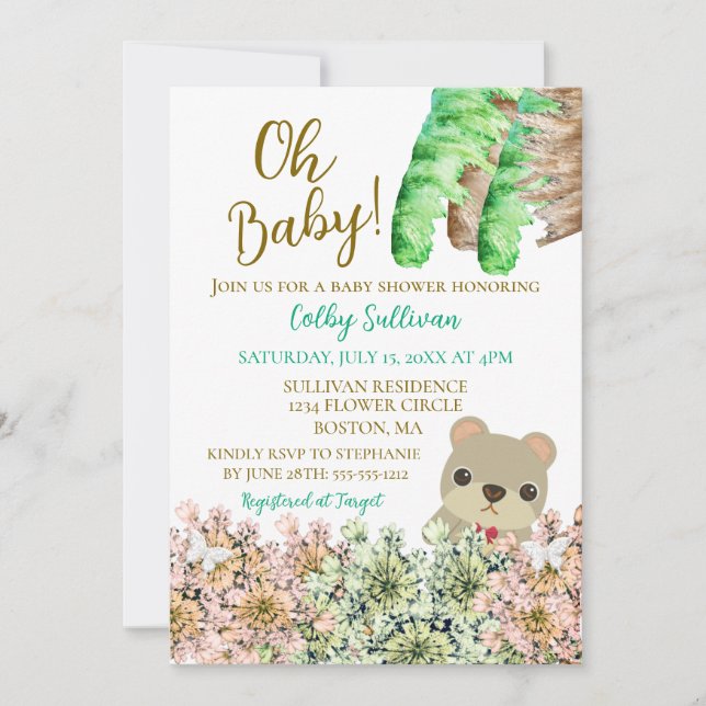 Invitation Oh Baby Rustic Greenery Teddy Bear Baby shower (Devant)
