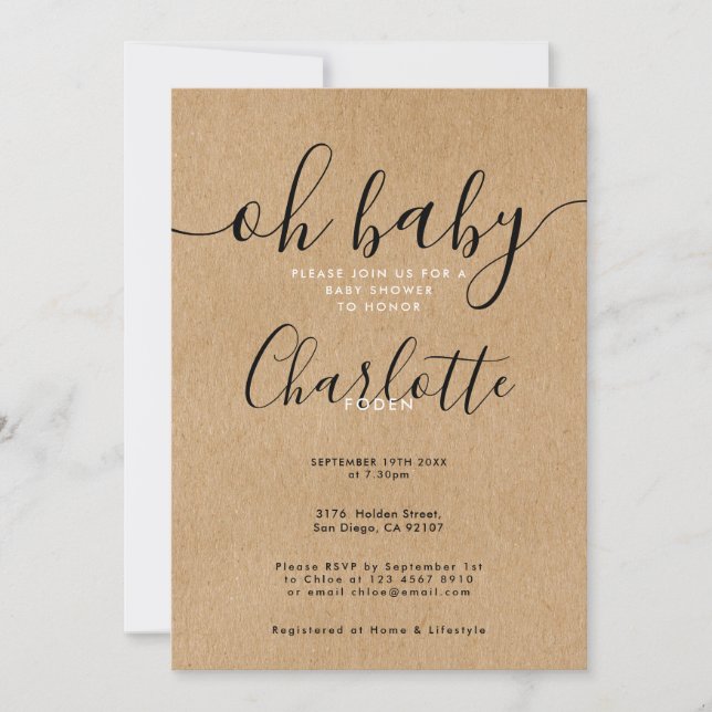 Invitation Oh Baby Rustic Kraft Baby shower / Saupoudrer (Devant)