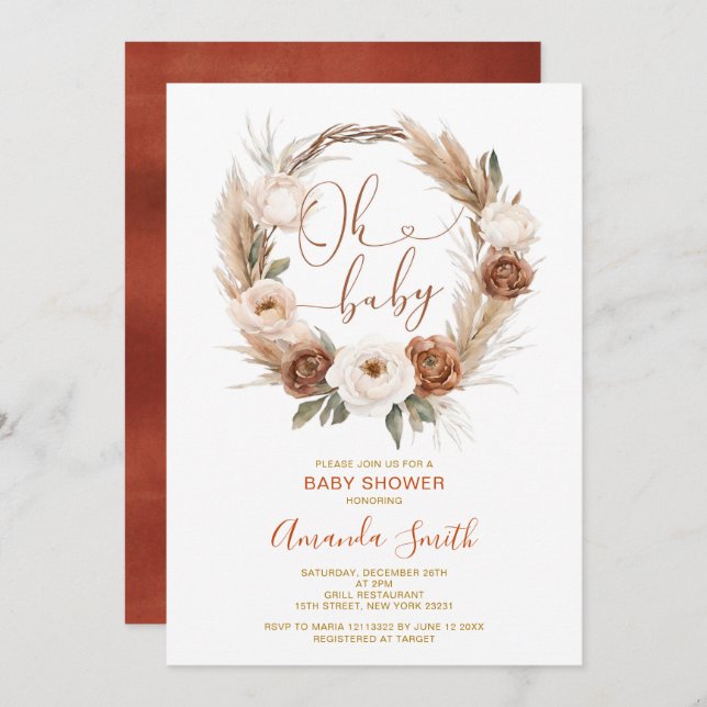 Invitation Oh Baby Rustic Terracota Orange Floral Baby shower (Devant / Derrière)