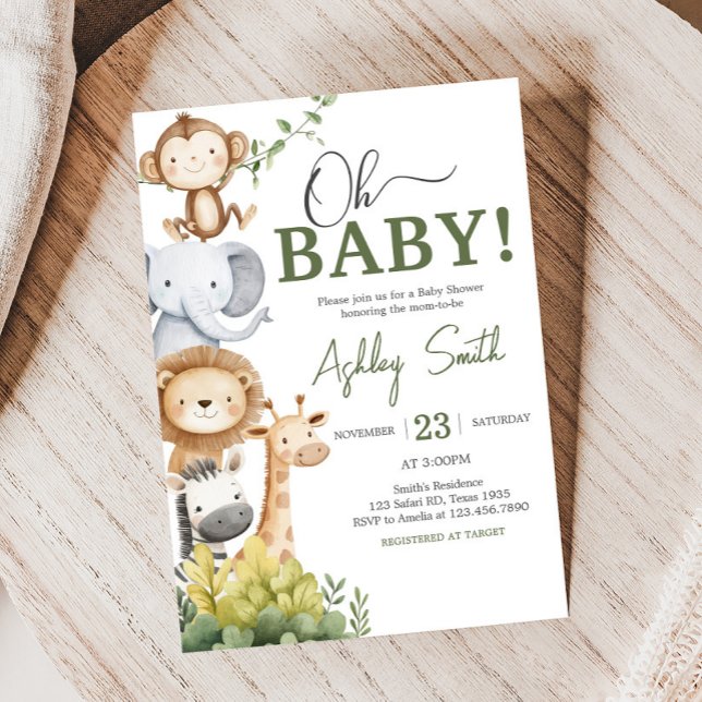 Invitation Oh Baby Safari Animaux Baby shower (Oh Baby Jungle Safari Animals Baby Shower Invitation
)