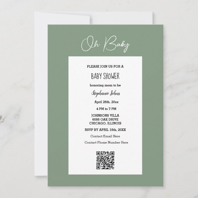 Invitation Oh Baby Sage Baby shower vert QR Code Script (Devant)