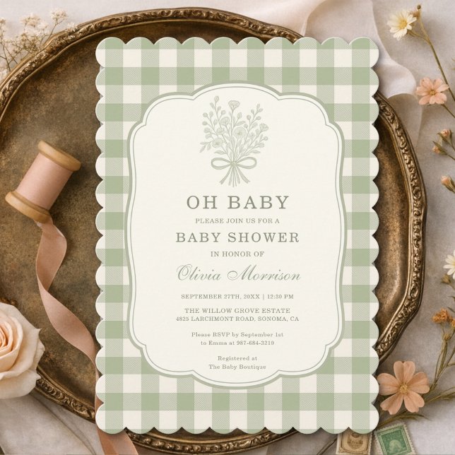 Invitation Oh Baby Sage Vert Gingham Baby Shower (Créateur téléchargé)
