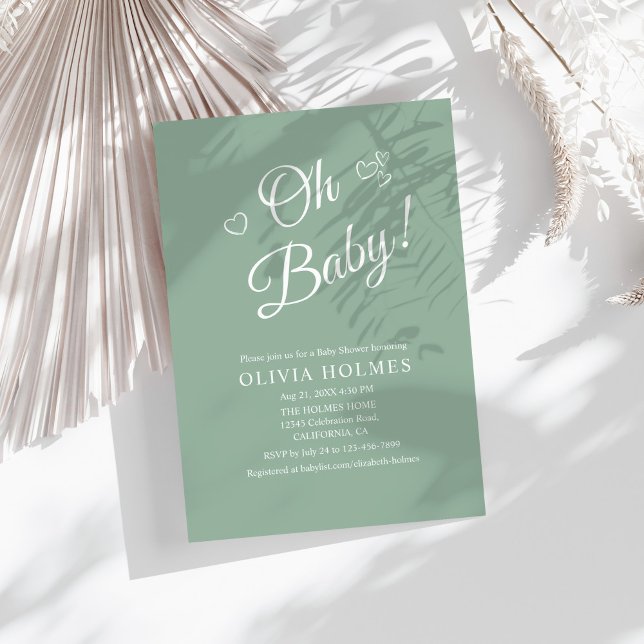 Invitation "Oh Baby" Sage Vert Moderne Baby shower minimalist ("Oh Baby" Sage Green Modern Minimalist Baby Shower Invitation on a sunny boho white table.)