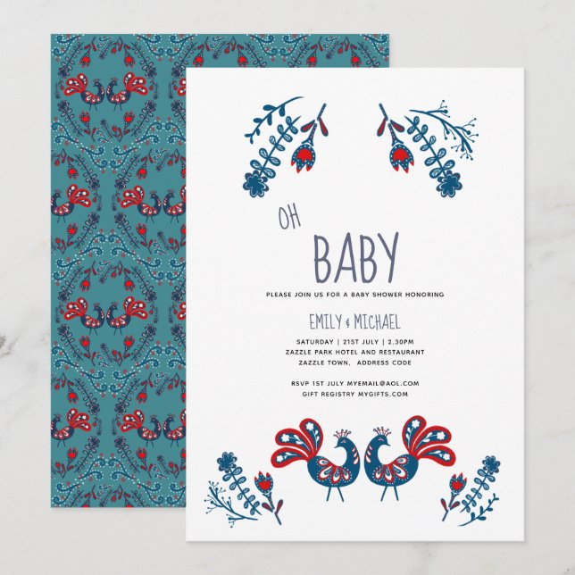 Invitation Oh Baby Scandinavian Birds Folk Art Couples Douche (Devant / Derrière)