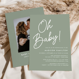 Invitation Oh Baby Script Sage Baby shower photo vert
