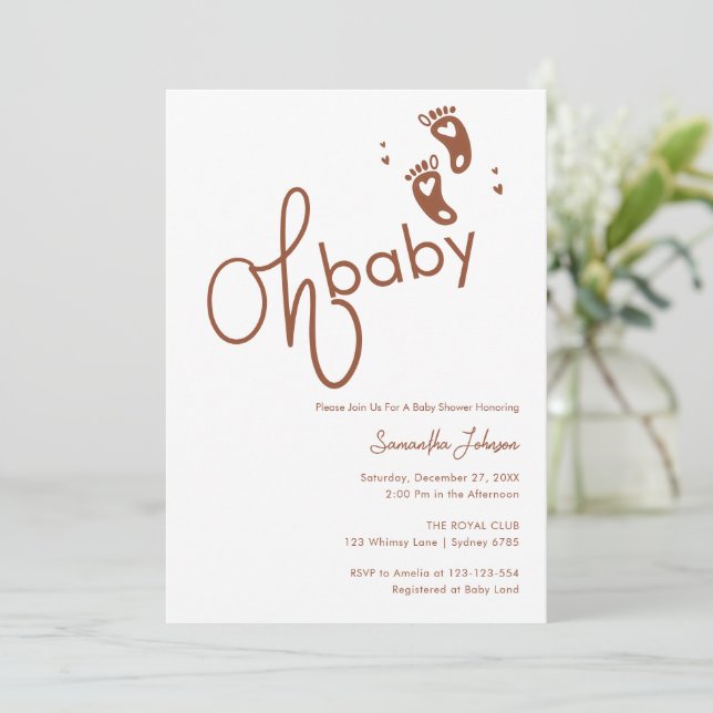 Invitation Oh Baby Script tendance Baby shower neutre genre (Debout devant)