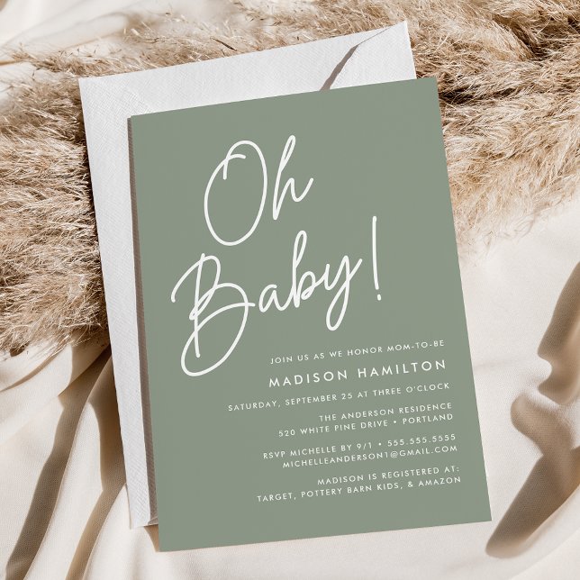 Invitation Oh Baby Script Vert Sauge Fête Minimale de Bébé (Créateur téléchargé)