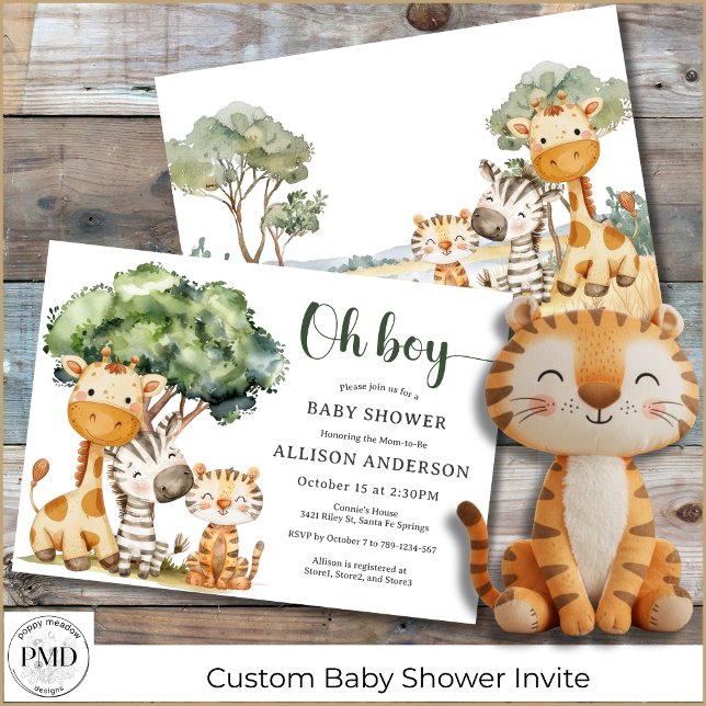 Invitation Oh Baby shower animal Safari Garçon (Oh Boy Safari Animal Watercolor Baby Shower Invitation with Giraffe, Zebra, Tiger, for mom or couple)
