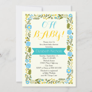 Invitation Oh Baby shower aqua et bordure fleurie jaune