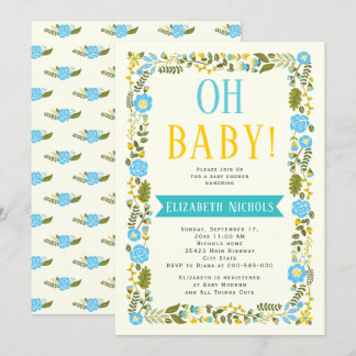 Invitation Oh Baby shower aqua et bordure fleurie jaune