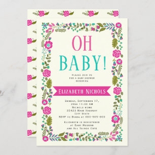 Invitation Oh Baby shower aqua, frontière florale moderne ros