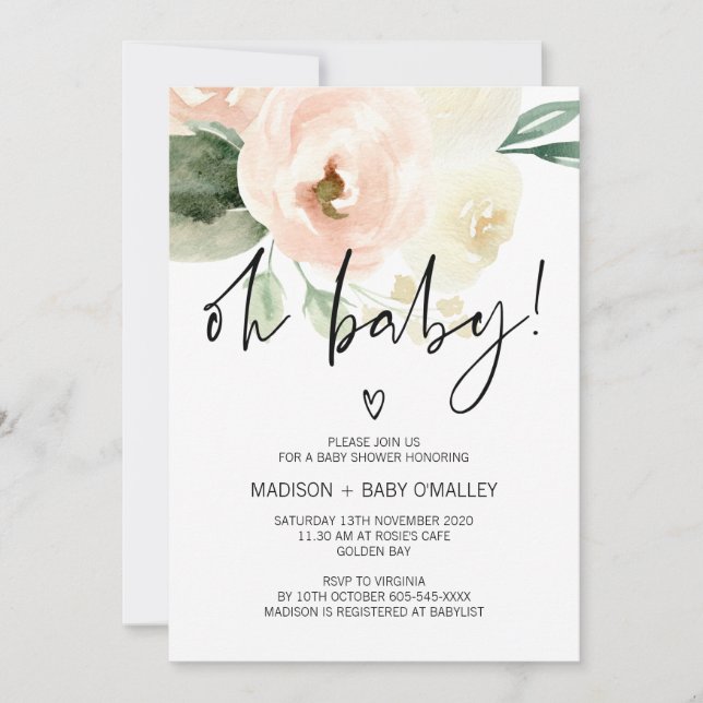 Invitation Oh Baby shower Baby Girl Blush Pink Flores (Devant)