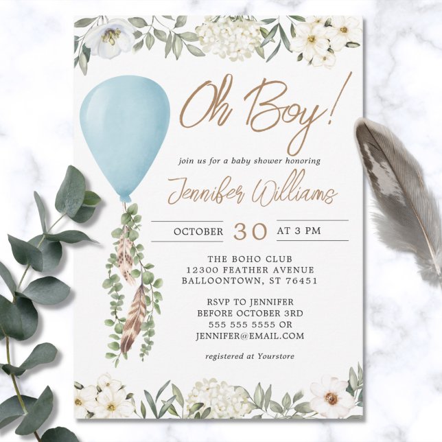 Invitation Oh Baby shower Bleu Bleu Ballons Eucalyptus Fleurs (Créateur téléchargé)