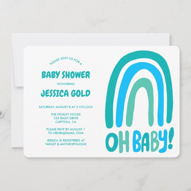 Invitation OH BABY SHOWER Bleu doux arc-en-ciel CUSTOM QR COD (Devant)