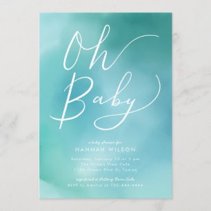 Invitation Oh baby shower bleu turquoise moderne d'aquarelle