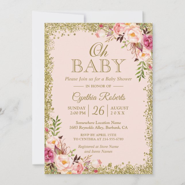 Invitation Oh Baby shower - Blush Pink Gold Parties scintilla (Devant)