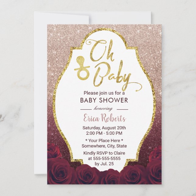 Invitation Oh Baby shower Bourgogne et Rose Gold Ombre Partie (Devant)