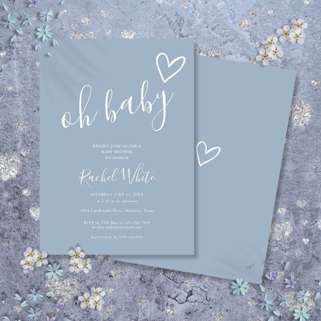 Invitation Oh Baby shower Coeur Dusty Bleu Minimaliste (Oh Baby Shower Heart Dusty Blue Minimalist Invitation)