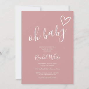 Invitation Oh Baby Shower Cœur Rose Poussiéreux Minimaliste