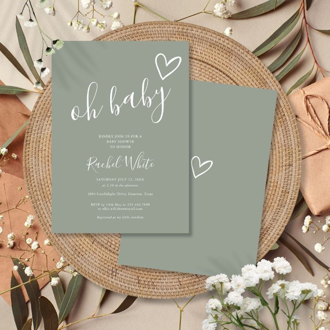 Invitation Oh Baby shower Coeur Sage Vert Minimaliste (Oh Baby Shower Heart Sage Green Minimalist Invitation)
