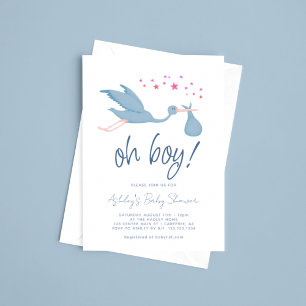 Invitation Oh Baby shower de cigogne bleue
