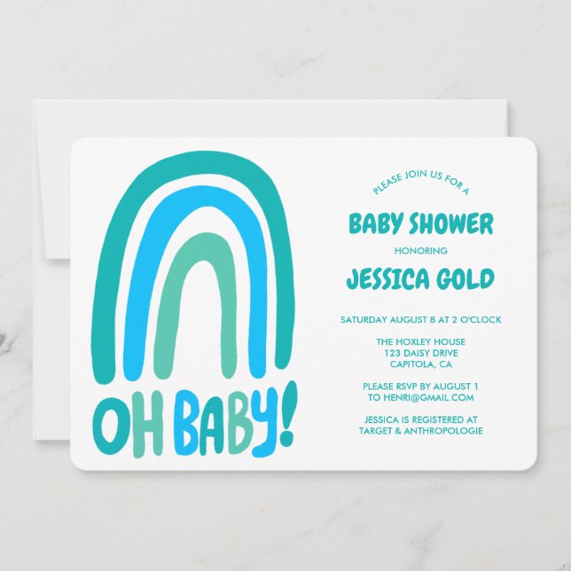 Invitation OH BABY SHOWER doux bleu arc-en-ciel PERSONNALISÉ (Devant)