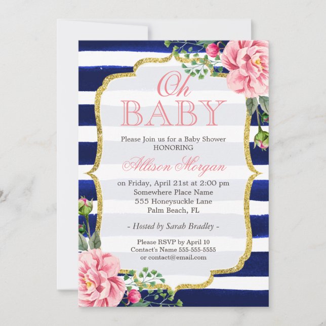 Invitation Oh Baby shower Floral Or Marine Bleu Stripes (Devant)