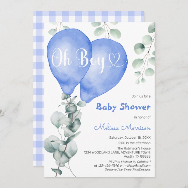 Invitation Oh Baby shower garçon (Devant / Derrière)