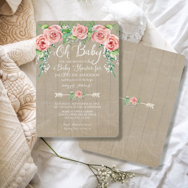 Invitation Oh Baby shower Girl Fleur Couronne Grange Bois pla (Créateur téléchargé)