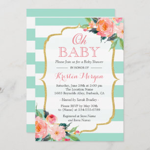 Invitation Oh Baby shower Mint Green Stripes rose Floral