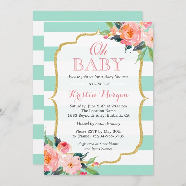 Invitation Oh Baby shower Mint Green Stripes rose Floral (Devant / Derrière)