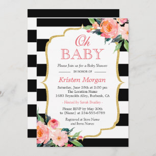 Invitation Oh Baby shower Moderne Floral Gold Frame Stripes