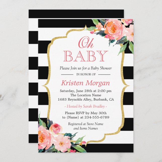 Invitation Oh Baby shower Moderne Floral Gold Frame Stripes (Devant / Derrière)