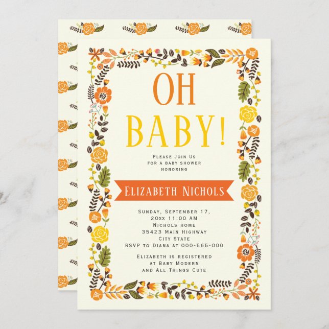 Invitation Oh Baby shower orange et jaune frontière florale (Devant / Derrière)