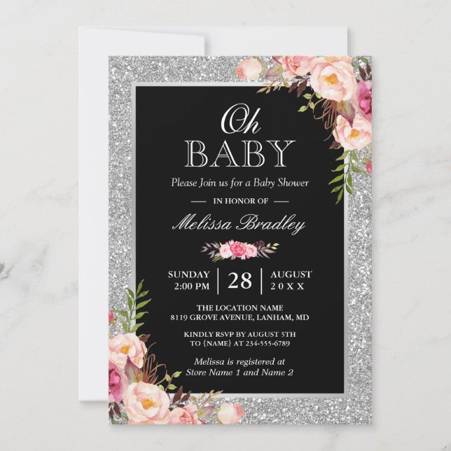 Invitation Oh Baby shower Parties scintillant Argent Étincell (Devant)