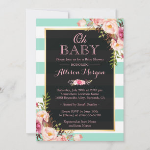 Invitation Oh Baby shower rose Fleur Monnaie Grandes vertes